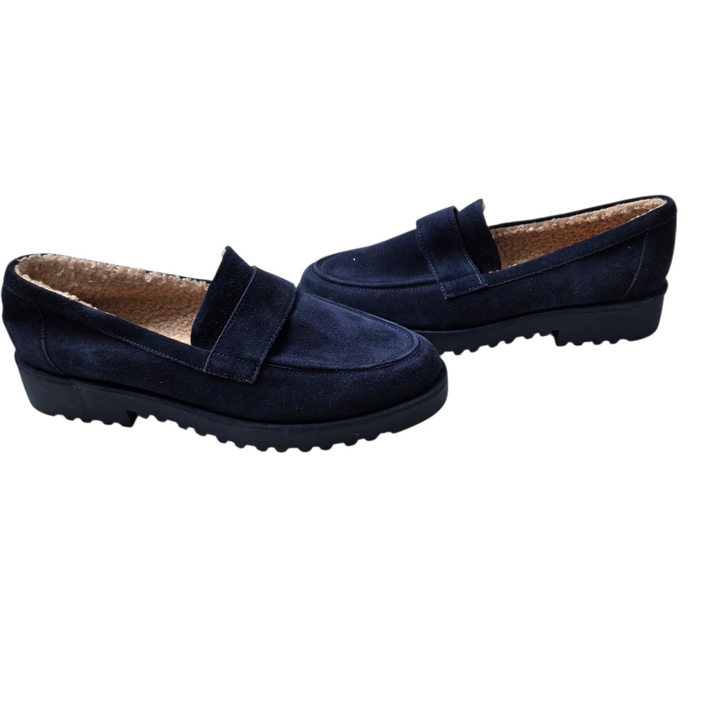Franco Sarto Womens Navy Blue Suede Carol Loafers 9.5 Faux Fur Lug Sole Platform